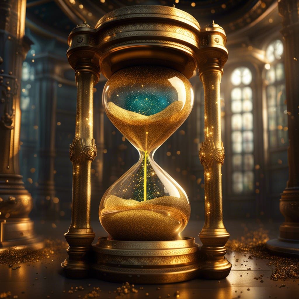 Golden Glitter Hourglass with Ancient Clock