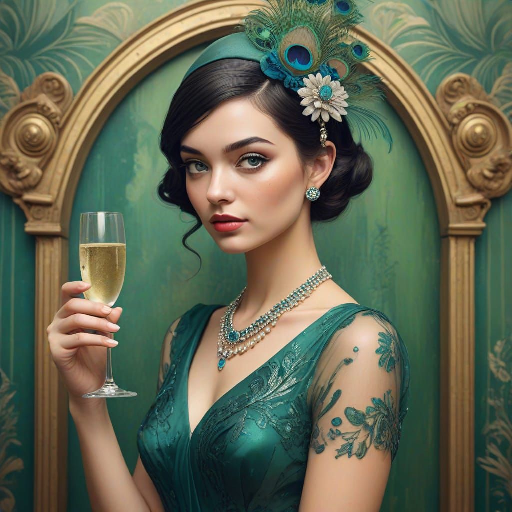 Art Deco Lady with Champagne Flute in Peacock Green