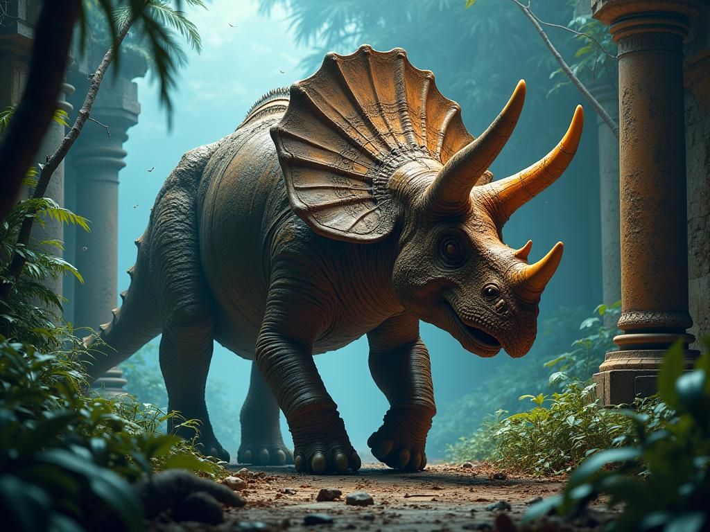 Steampunk Triceratops Roaming Through Bioluminescent Jungle