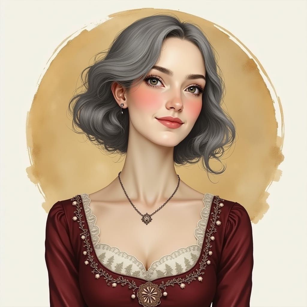 Elegant Woman in Burgundy Dress: Watercolour Portrait