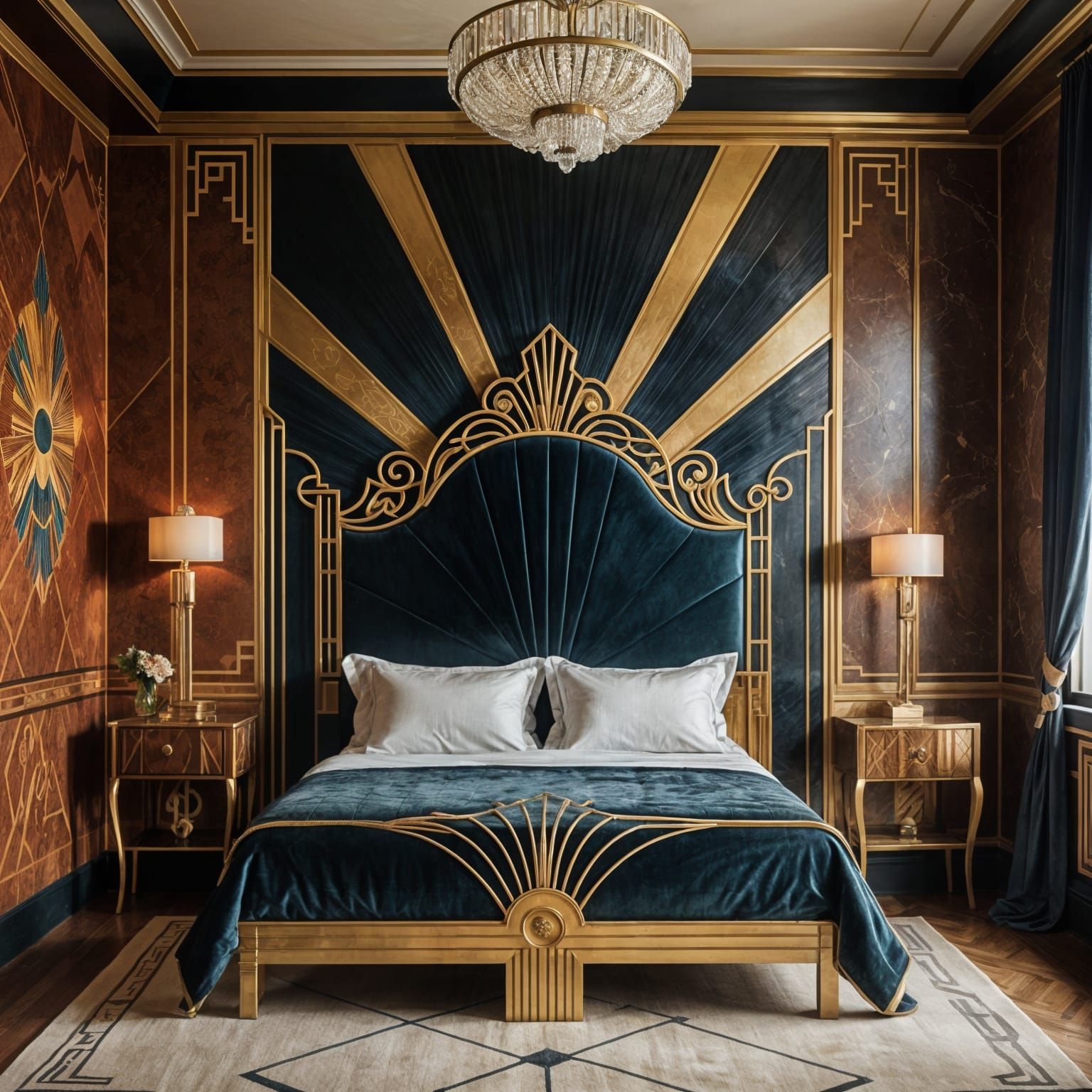 Art Deco Bedroom with French Bed, Hyperrealistic