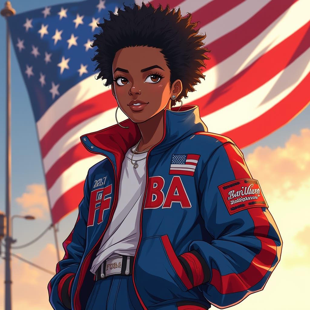 Confident Black American Figure in Patriotic Attire, Anime S...
