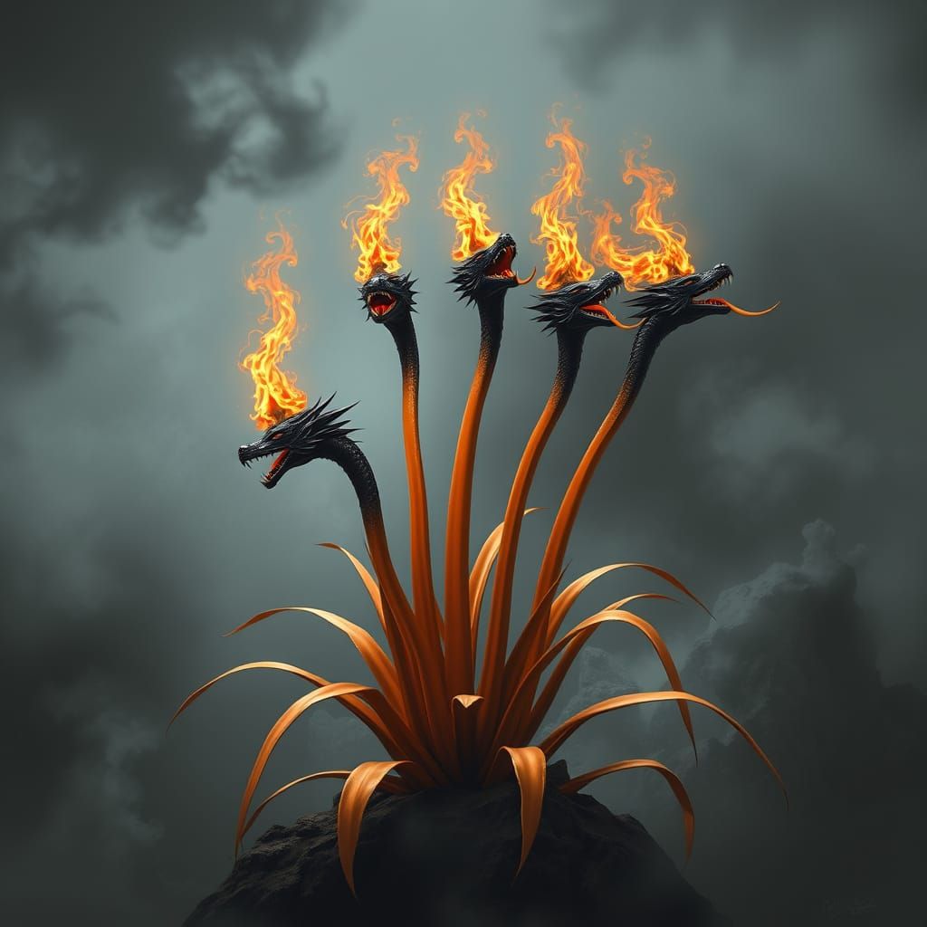 Vibrant Orange Plant with Majestic Black Dragon Heads in Tur...