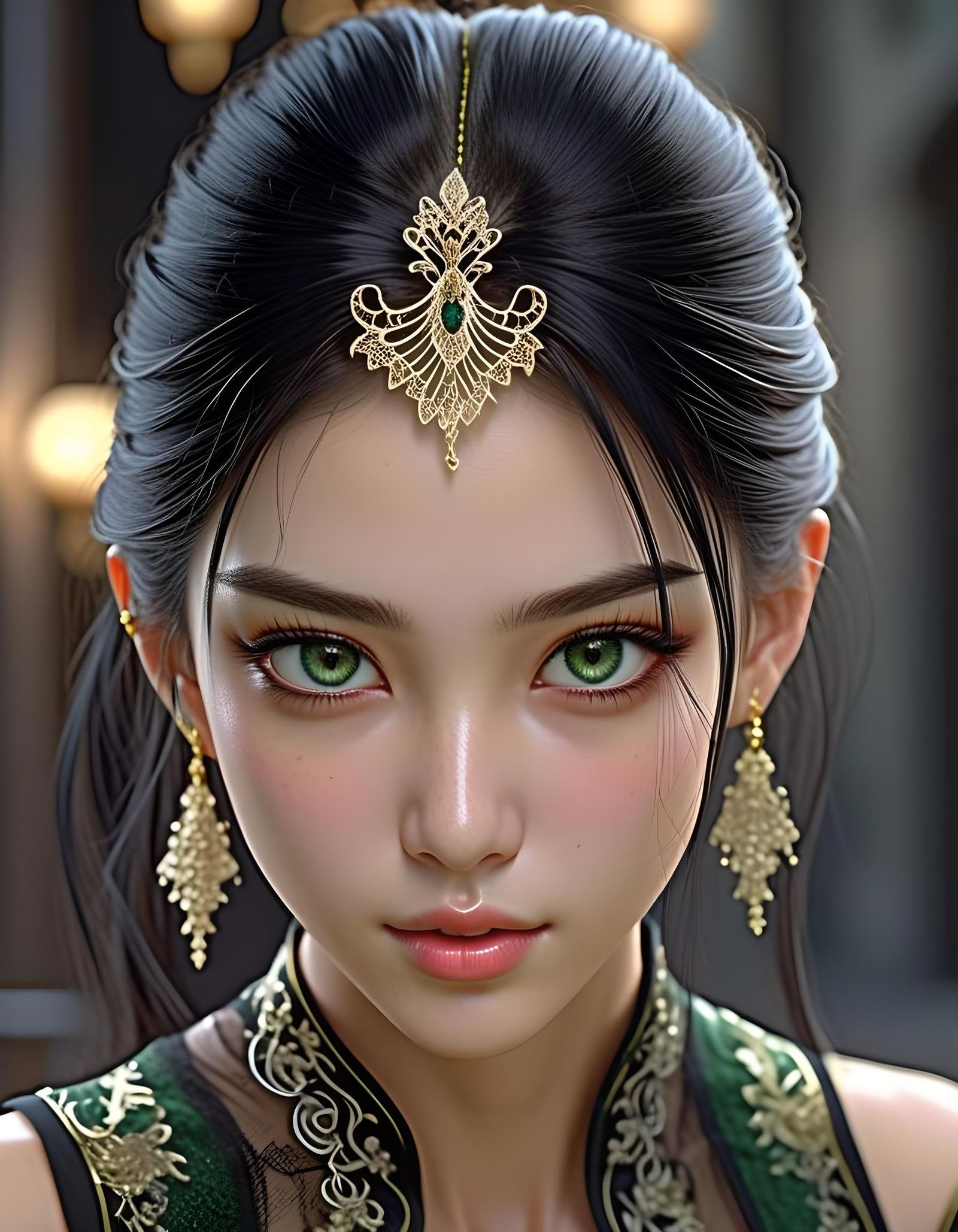 Elegant Woman with Black Hair and Diamond Jewelry