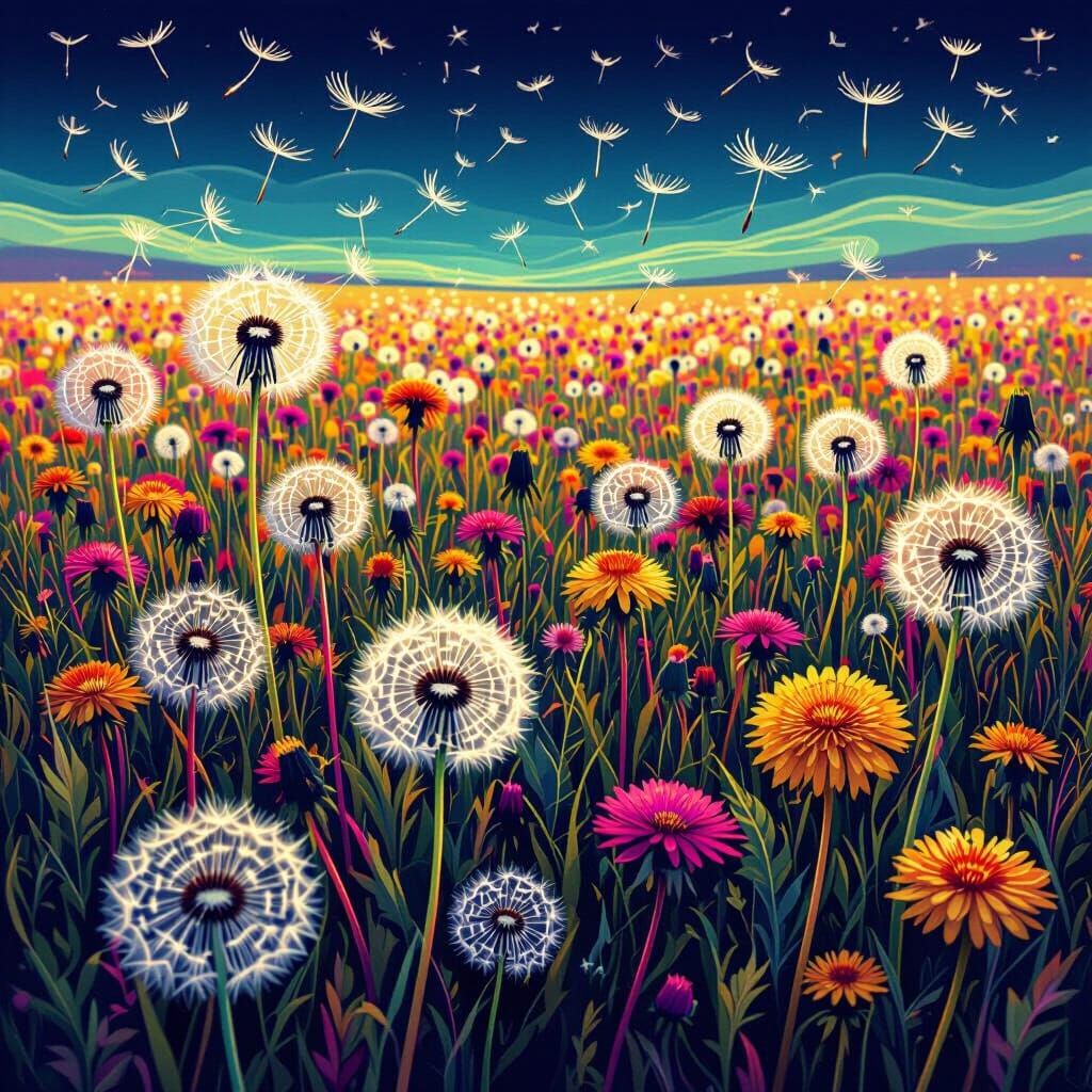 Neon Dandelion Field with Abstract Vector Fractals