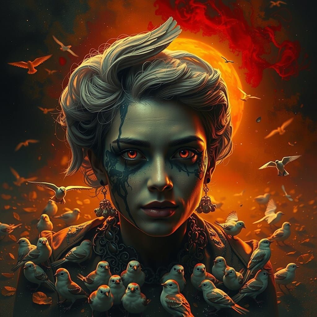 Woman in Yellow Dress with Birds