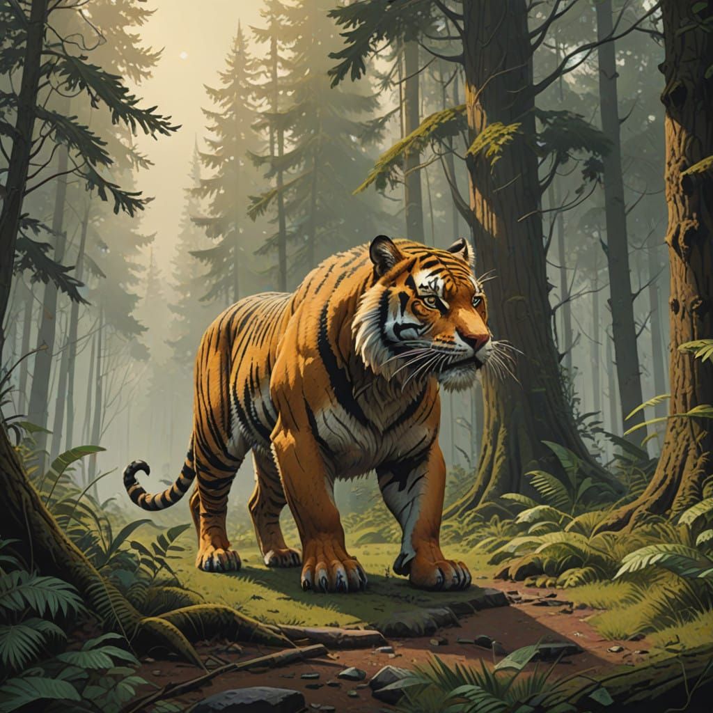 Majestic Sabertoothed Tiger in a Prehistoric Forest Landscap...