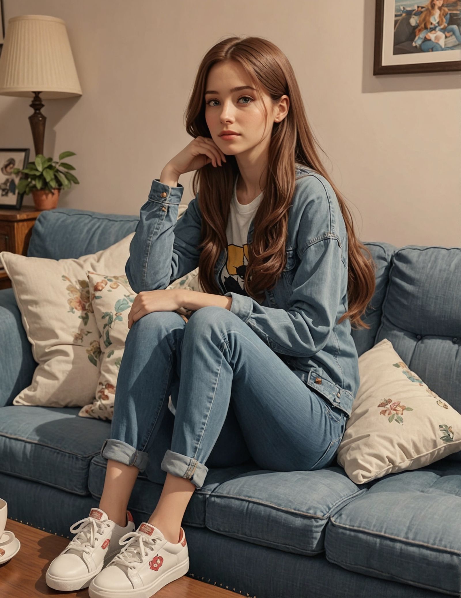 Cartoon Realism Woman in Jeans on Couch