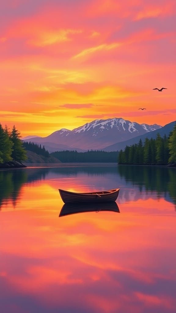 Serene Sunset Lake with Distant Mountains