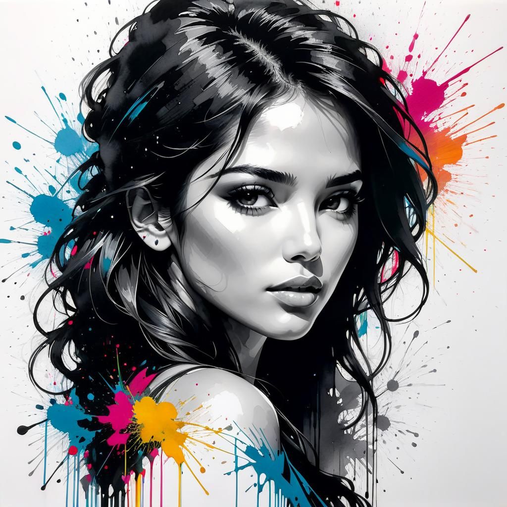 Ink Portrait of Latina Woman with Splatter Effects