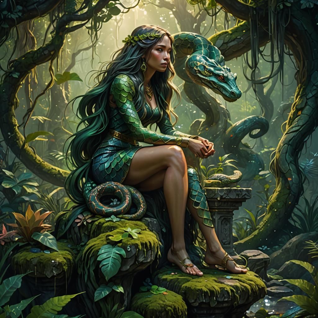 Mystical Jungle Serpent Woman Fantasy Illustration