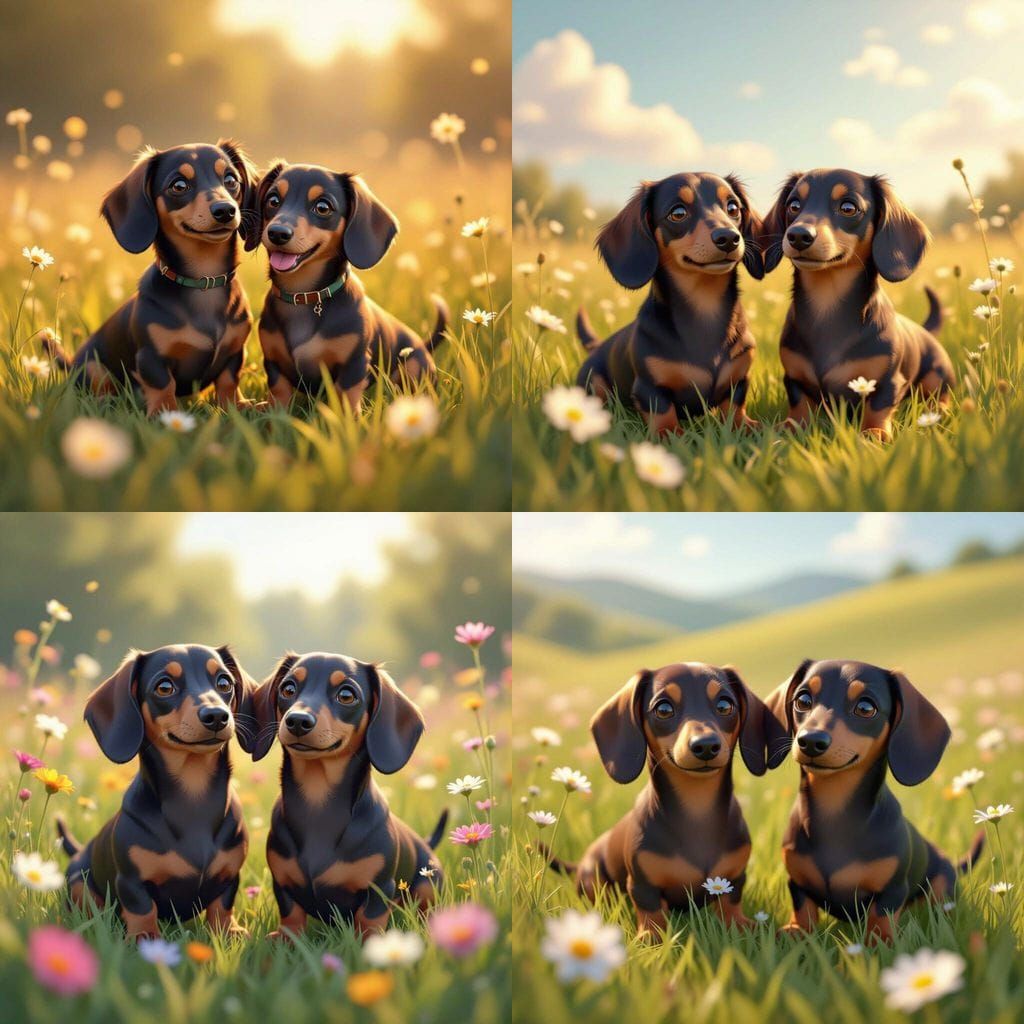 Cute Dachshunds in Meadow - 3D Anime Art Style