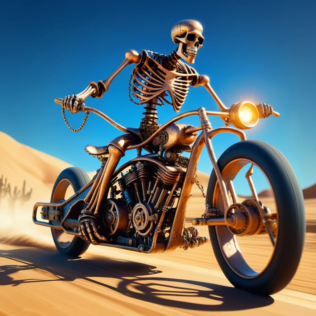 Steampunk Metal Skeleton Rides Bike on Desert Road