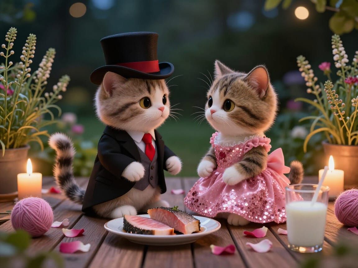 Anthropomorphic Cats on Romantic Garden Date