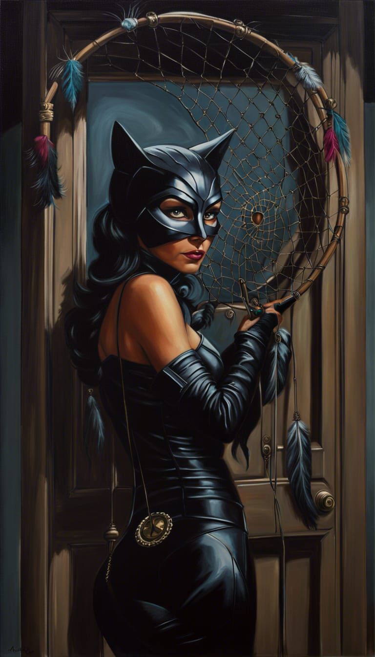 Catwoman Repairs Dreamcatcher as Oil Painting