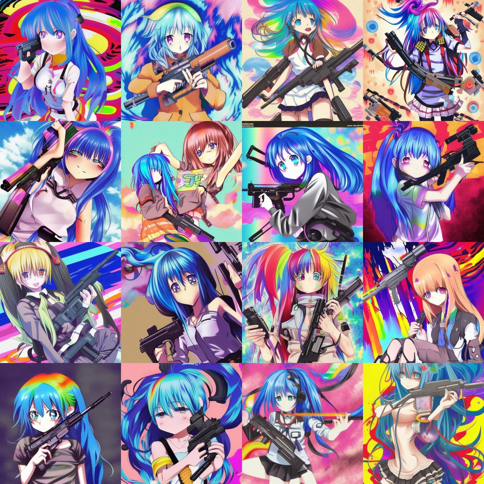 Psychedelic Anime Girl with Rainbow Melt and Gun