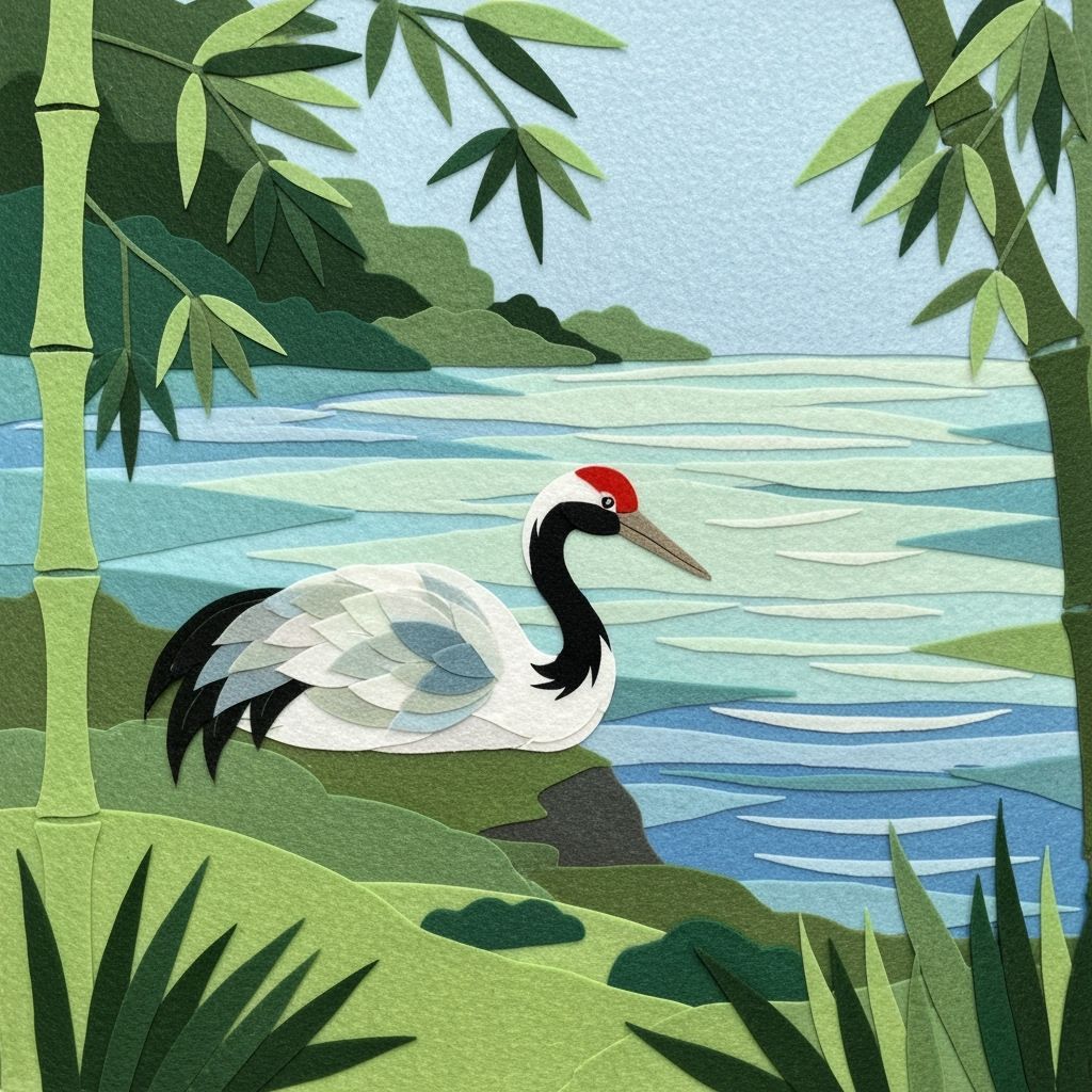 Felt Artwork: Japanese Crane on Lake With Bamboo