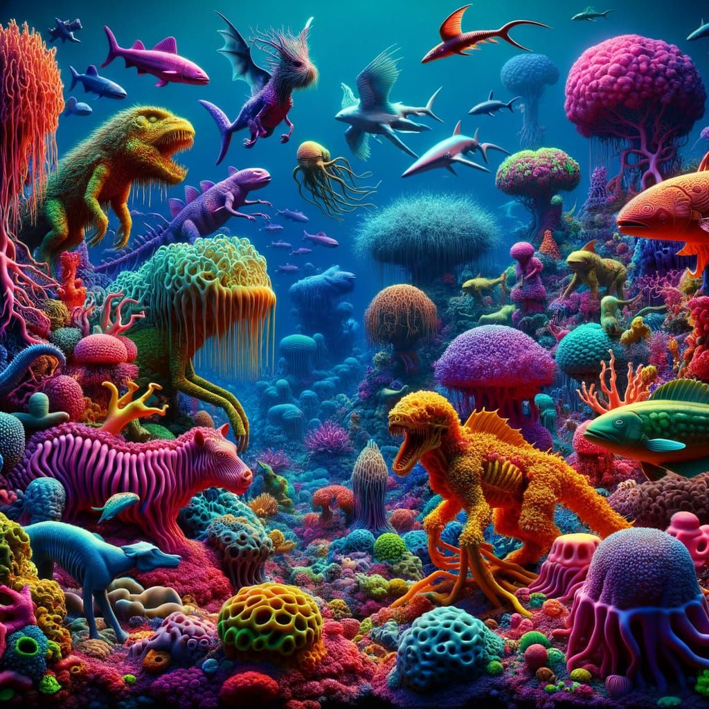 Vivid Alien Coral Reef with Neon Marine Life