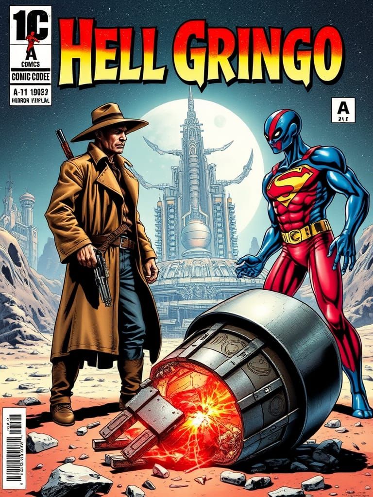 Alien Cowboy vs Superhero Comic Book Cover Art