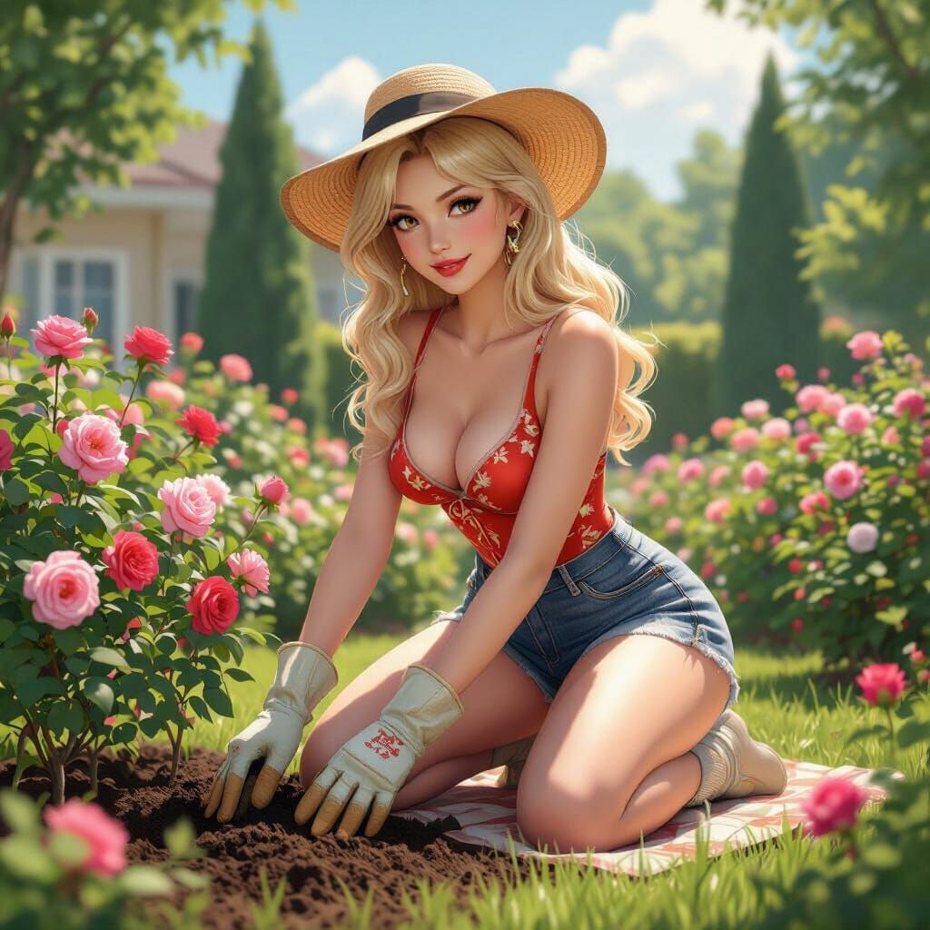 Blonde Woman Gardening in 50s Rose Garden, Anime Art