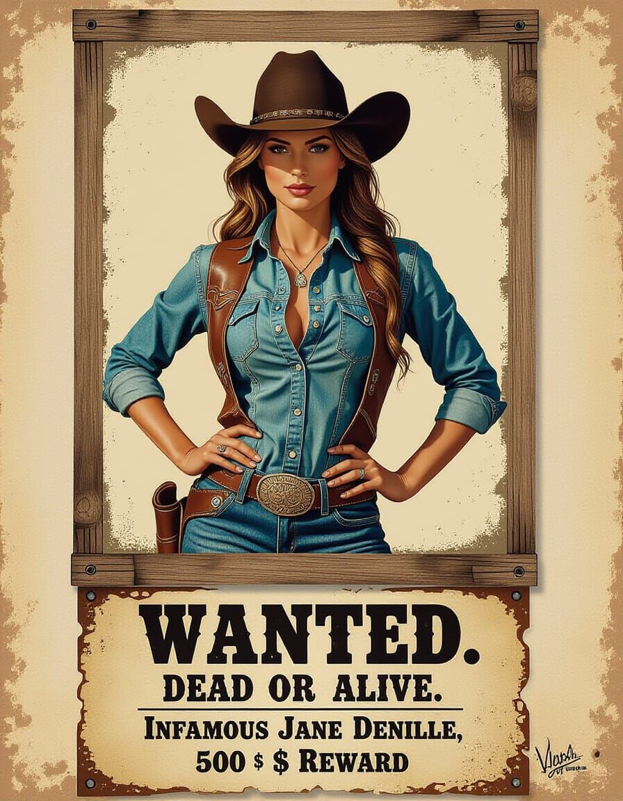 Wanted Poster: Beautiful Cowgirl Portrait in Vintage Style