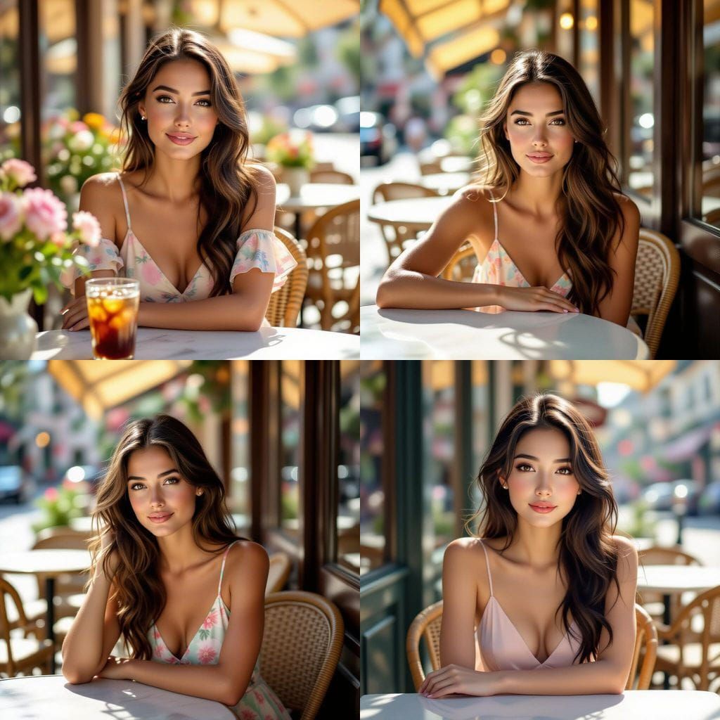 Photorealistic Portrait of Woman at Sunlit Cafe