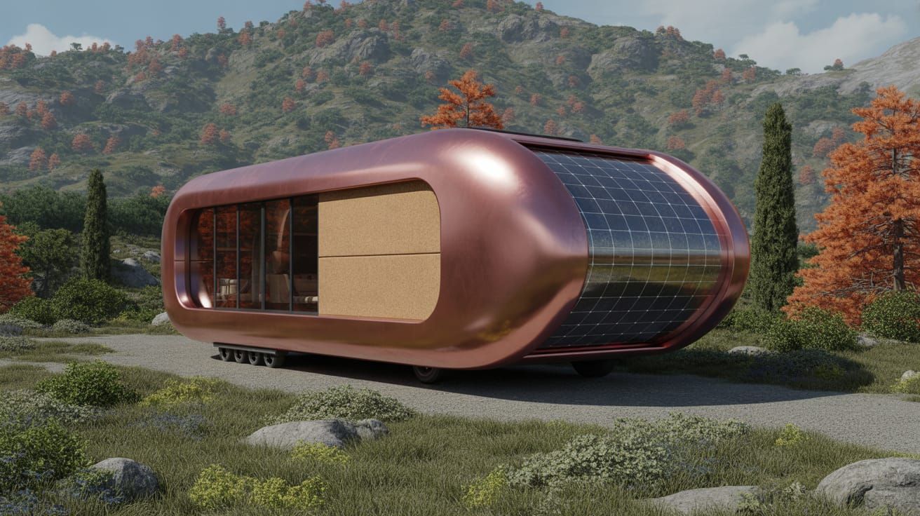 Futuristic Mobile Home on Hillside in Syd Mead Style