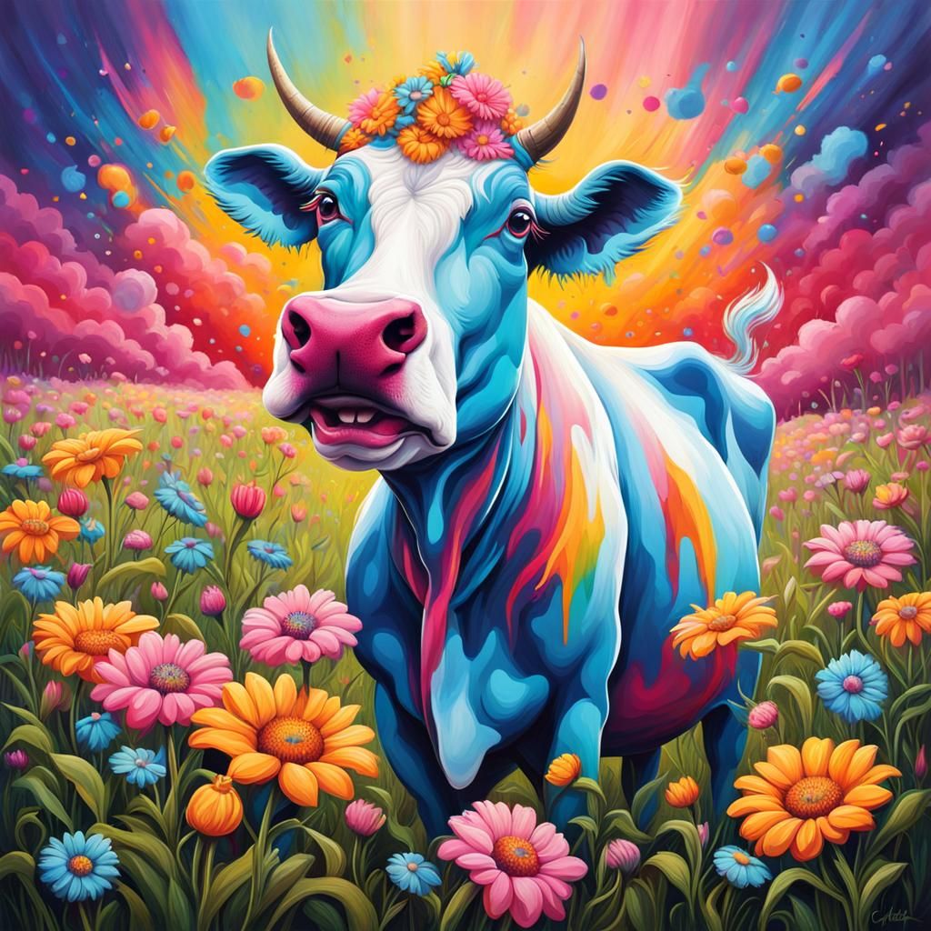 Whimsical Unicorn Cow Dancing in a Field