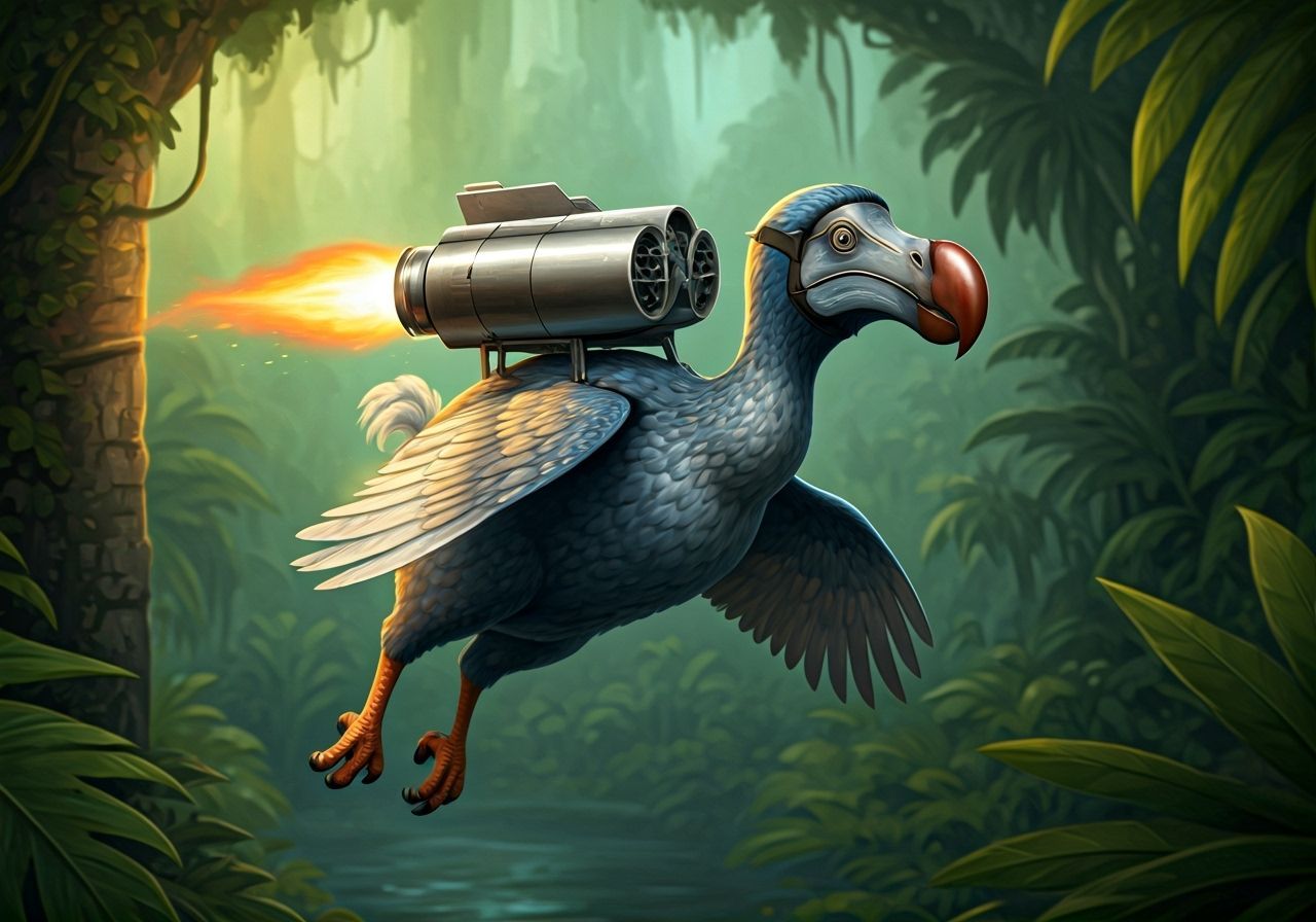 Dodo Bird Soars Over Jungle in Jet Pack