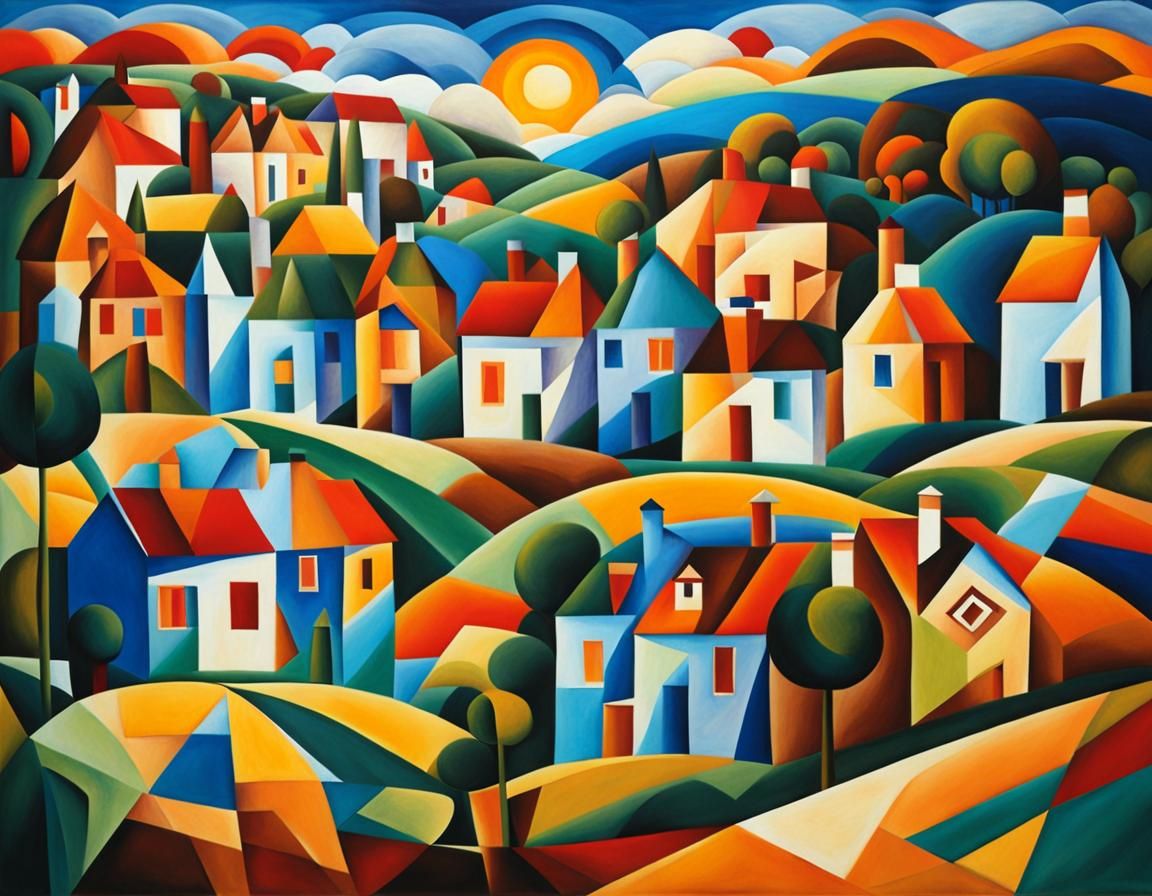 Vibrant Quilted Village in Arts and Crafts Style