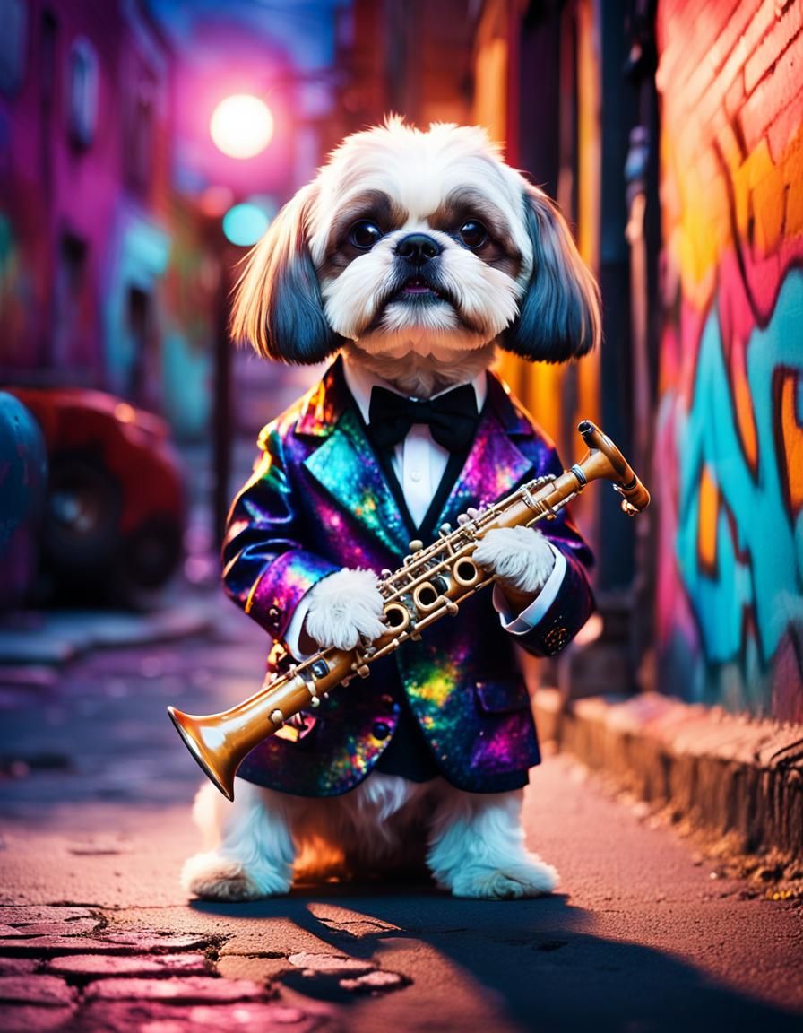 Hyperrealistic Shih Tzu Jazz Musician on Graffiti Street
