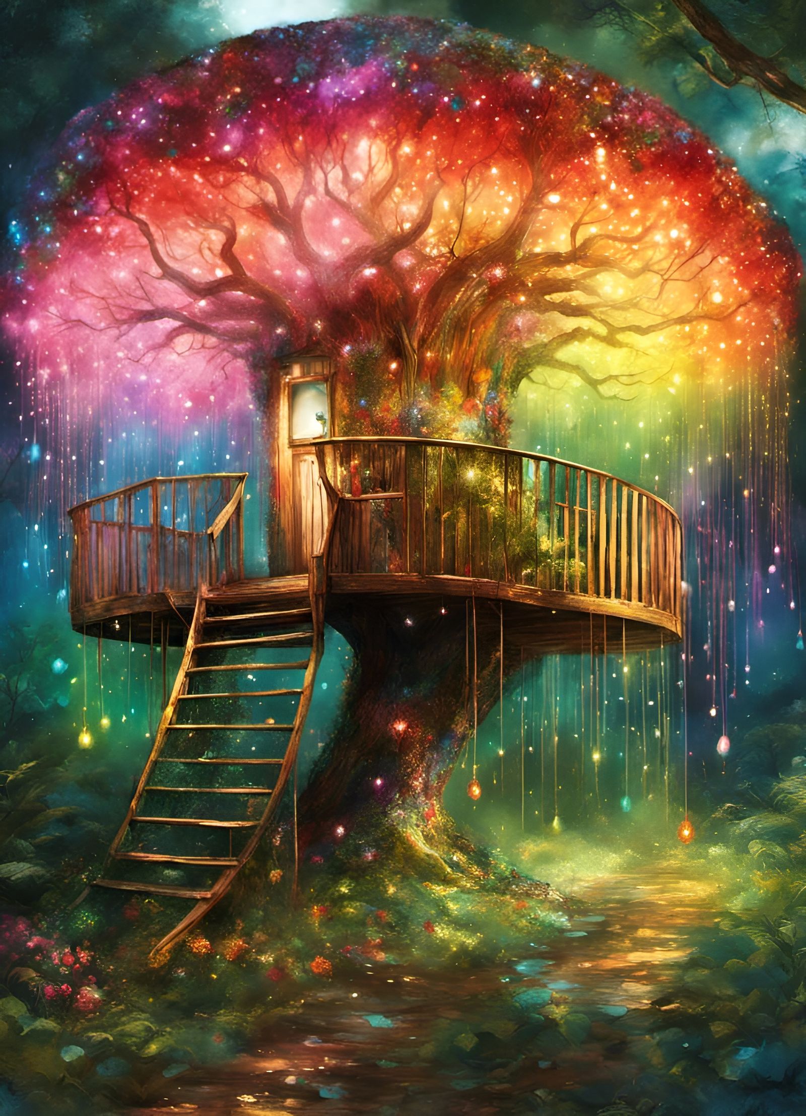 Sparkling Glitter Treehouse in a Rainbow Garden