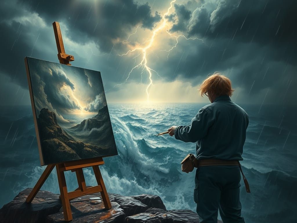 Artist Painting Storm on Windswept Cliff
