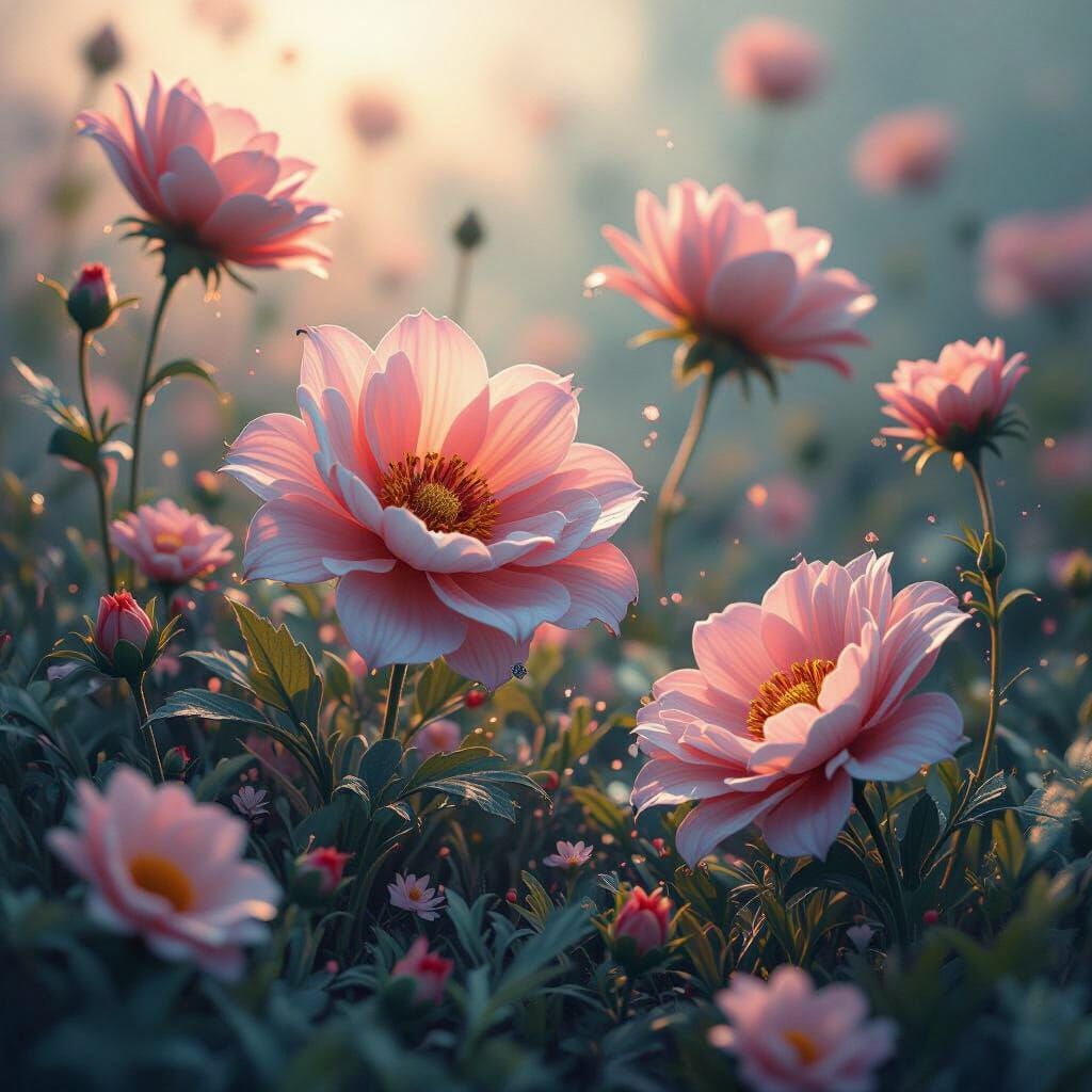 Dreamlike Disintegrating Flowers with Swirling Patterns