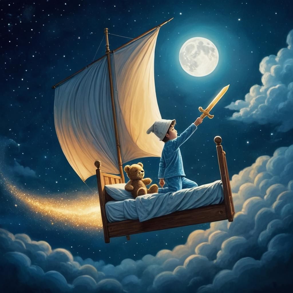 Whimsical Flying Bed Adventure in Starry Night Sky