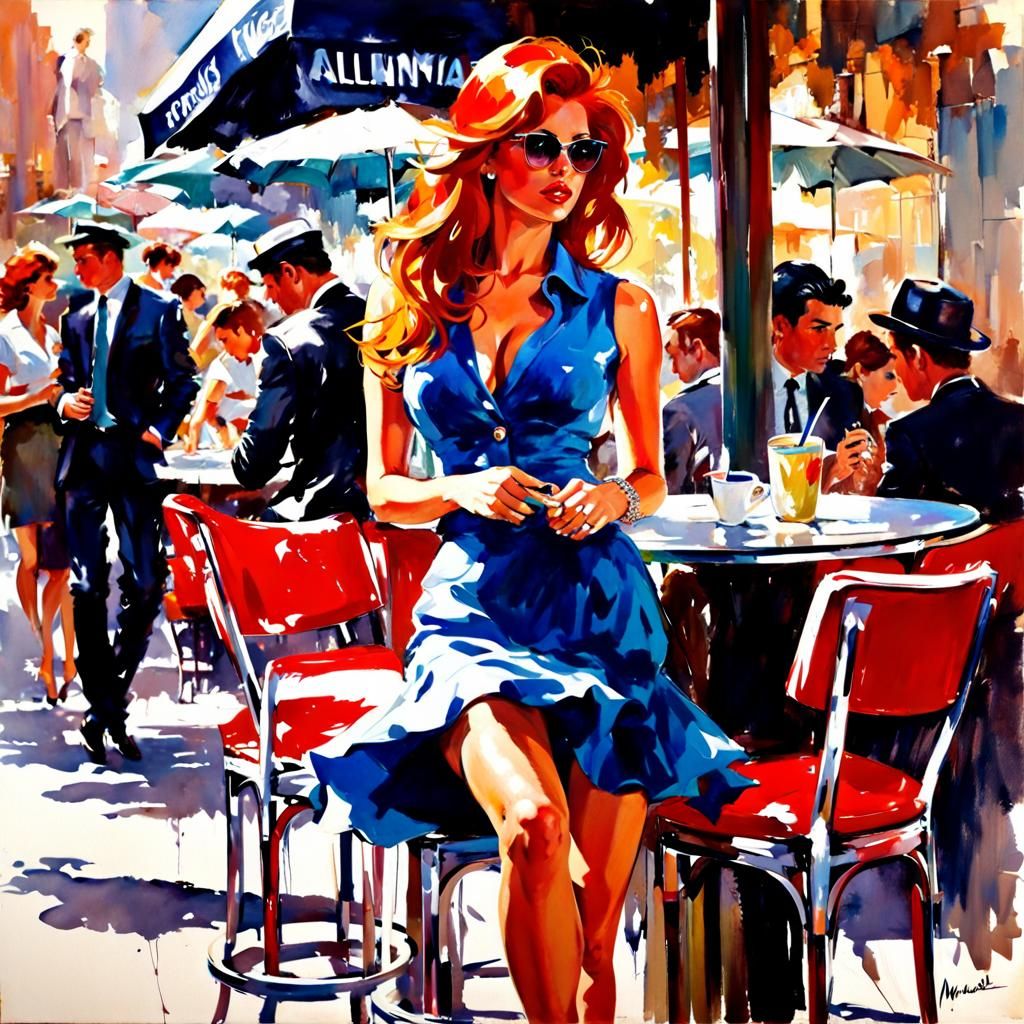 Redhead in 1960s Cafe, Watercolor Painting