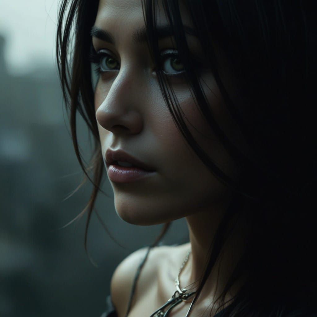 Ethereal Woman with Dark Hair and Piercing Eyes