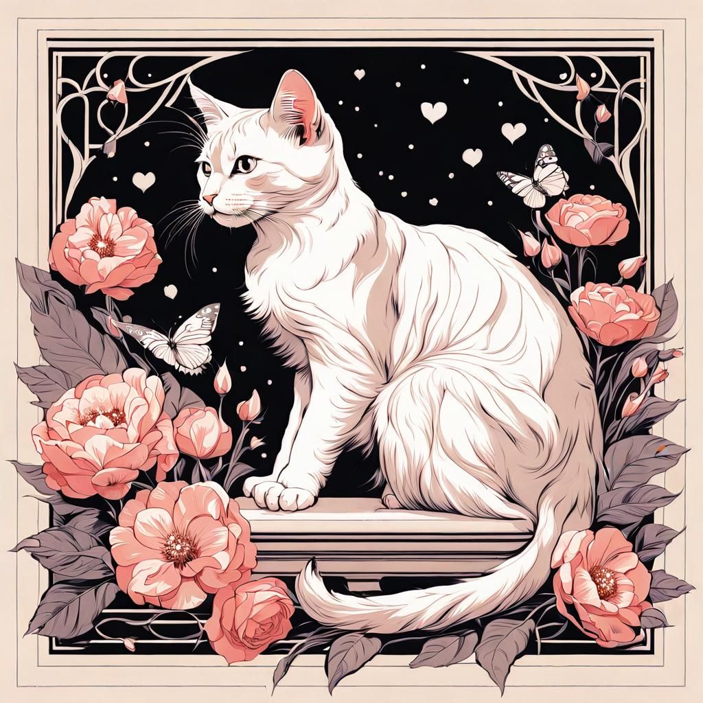 Cute Cat Surrounded by Flowers in Graphic Style