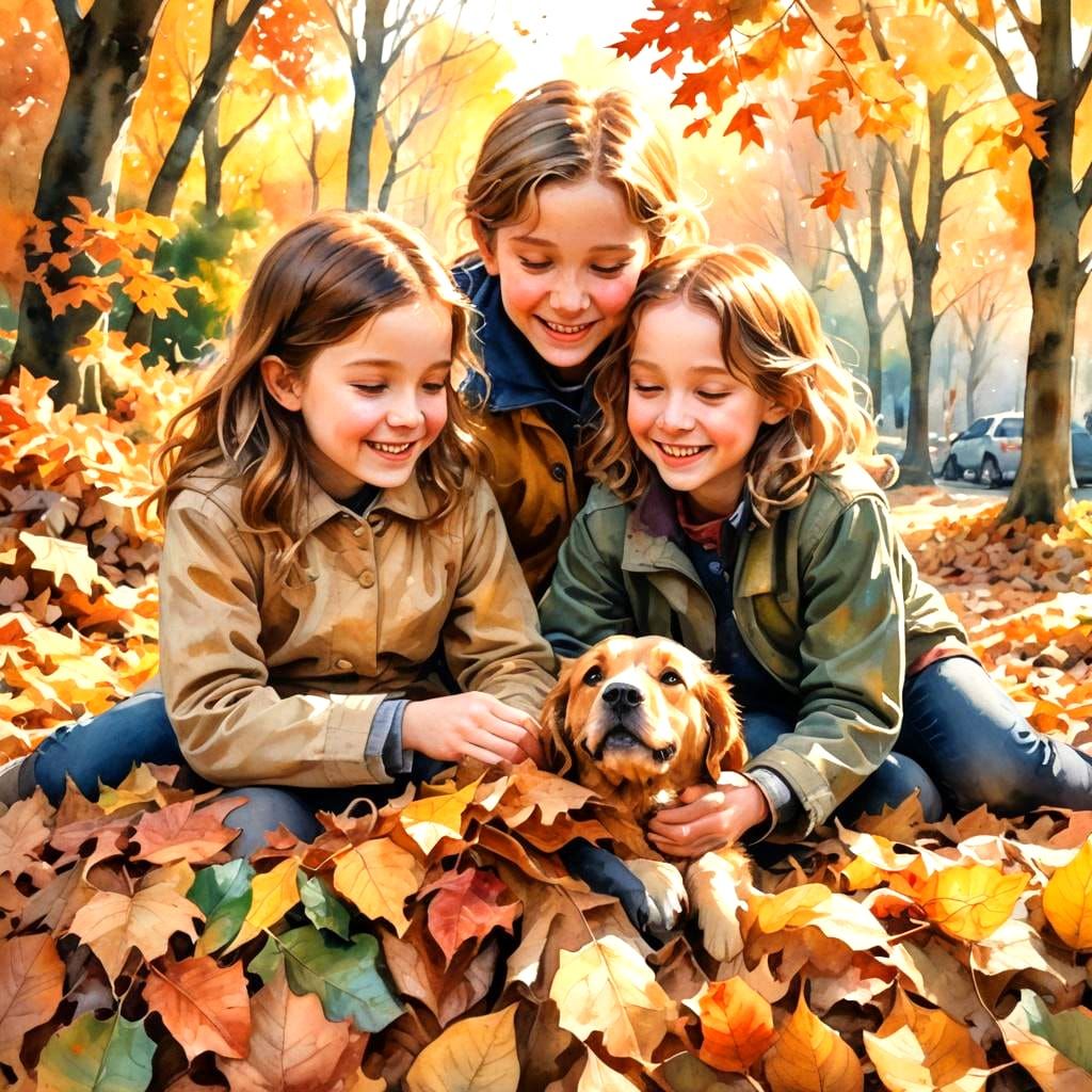 Children Playing in Autumn Leaves, Watercolor Painting