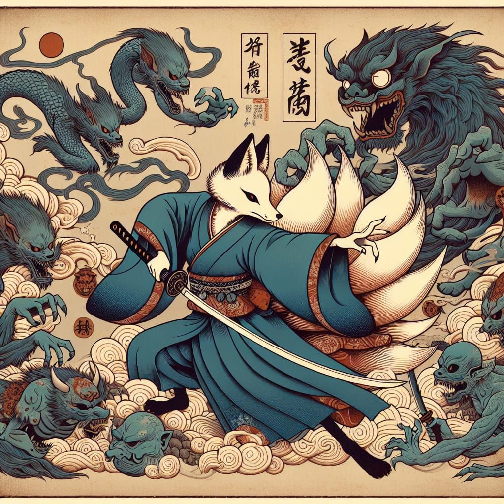 Kitsune Warrior Battles Evil Spirits in Ukiyo-e Style