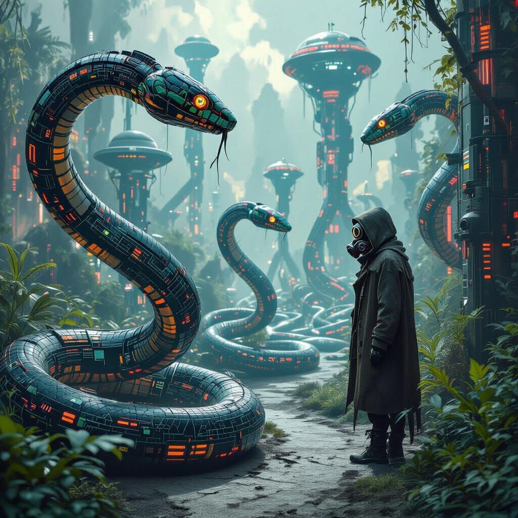 Surreal Cyberpunk Garden with Robotic Snakes