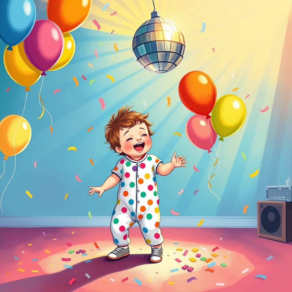 Vibrant Party Scene with Twirling Toddler and Disco Ball
