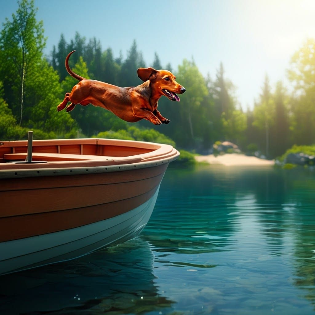 Dachshund Leaping Joyfully into Lake: Fantasy Concept Art