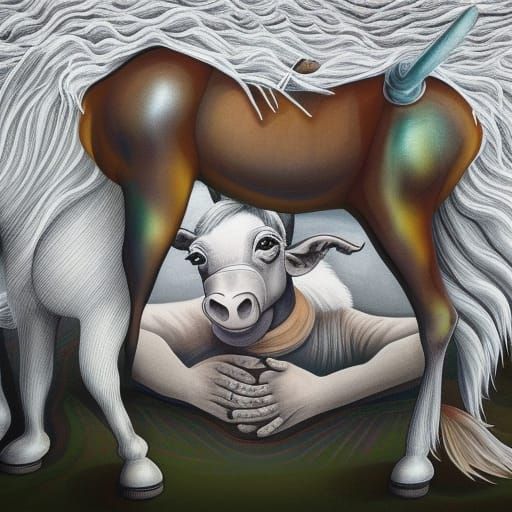 Donkey in Barn: Holographic Astral Gouache Painting