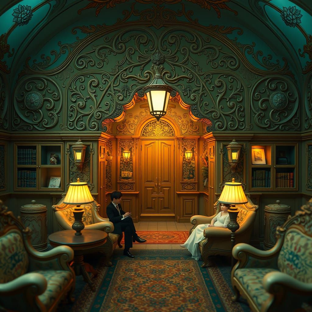 Nostalgic Scene with Ornate Textures in Digital Art Style