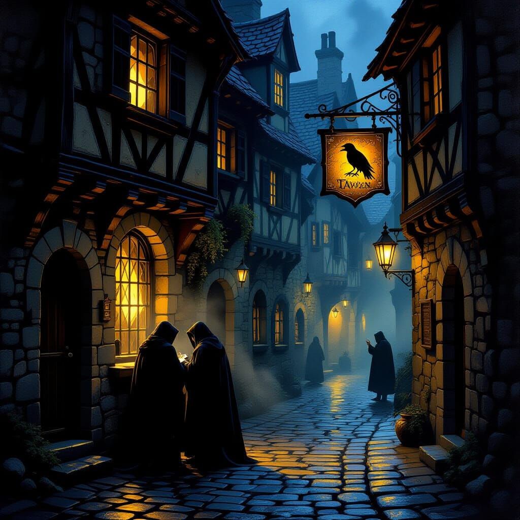Raven Inn: Dark Fantasy Painting with Dramatic Lighting