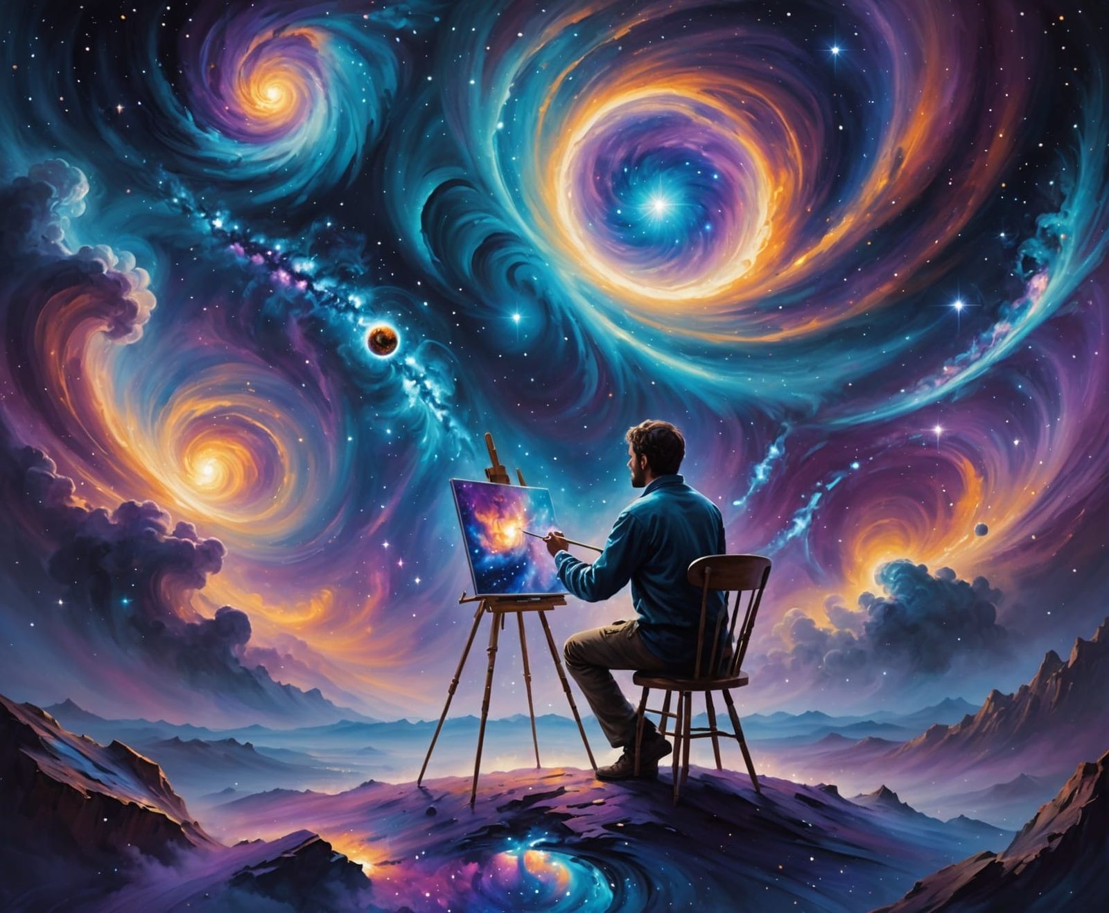 Cosmic Artist Painting Stardust Nebulae in Surreal Style