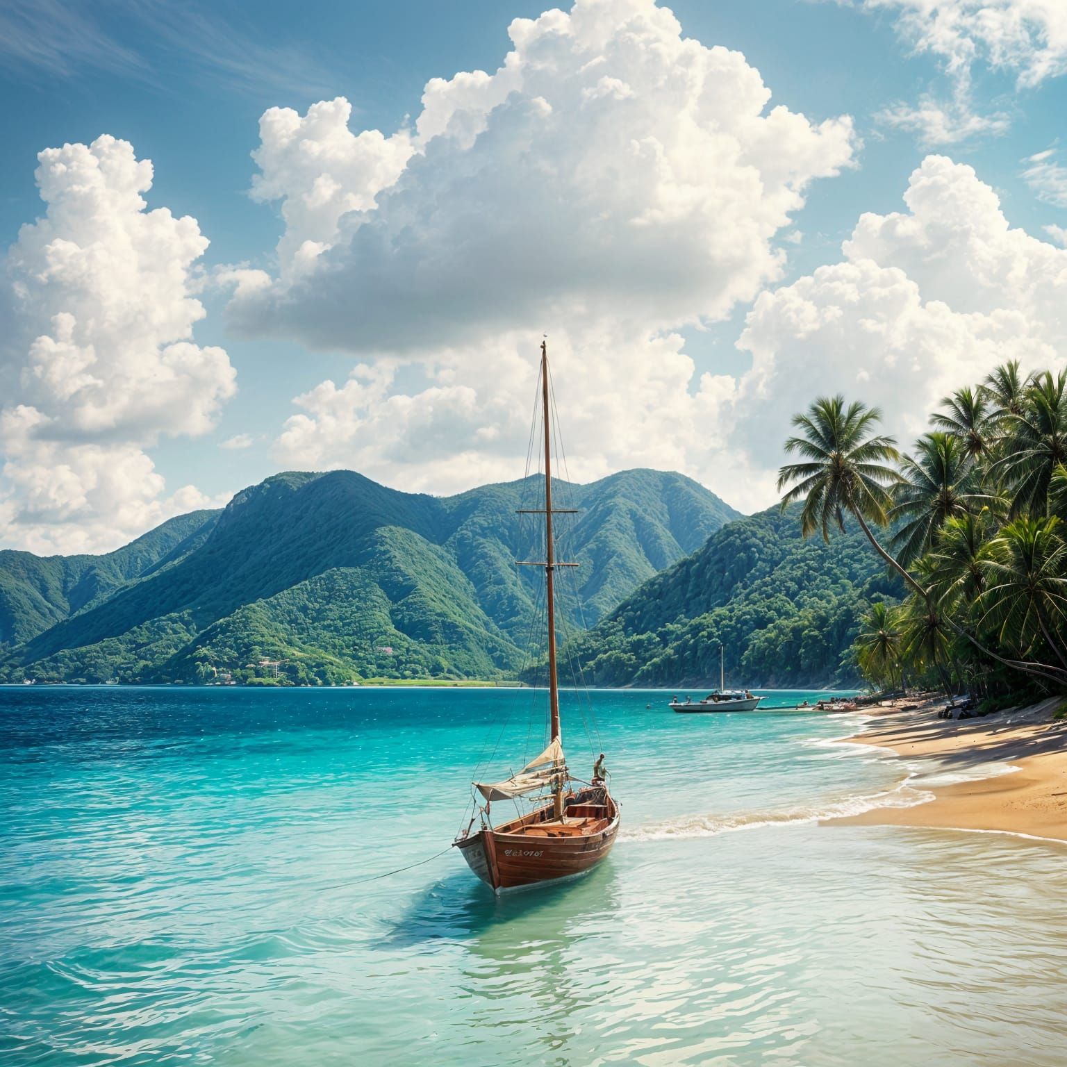 Serene Beachside Boat Scene in Vibrant Blue Waters