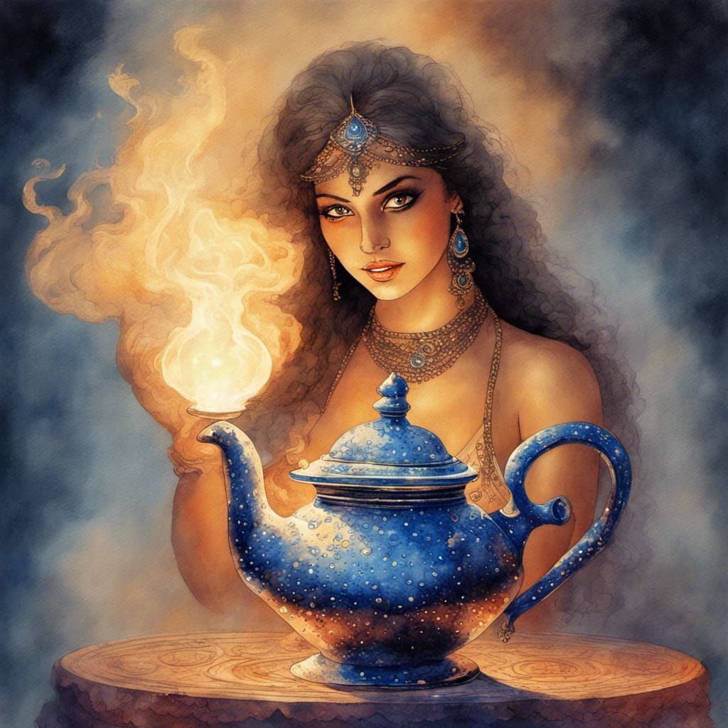 Genie Emerges from Teapot in Watercolor Pointillism