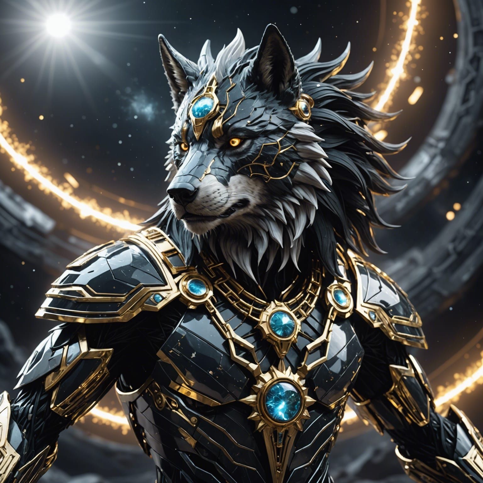 Fractal Obsidian Wolf with Native American Headdress